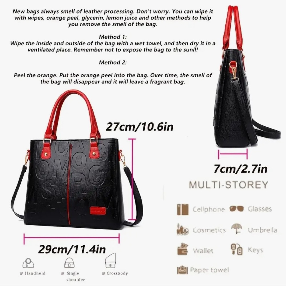 Perfect Lily Black Embossed Letter Tote Bag Red Handle Crossbody NIP - Picture 3 of 12
